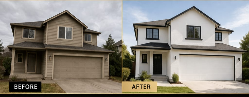 Before and after exterior painting transformation of a two-story home.
